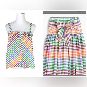 J. Crew rainbow gingham top and tie front skirt set Size 00